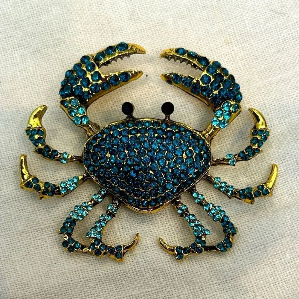 Sparkling Blue and Gold Crab Brooch